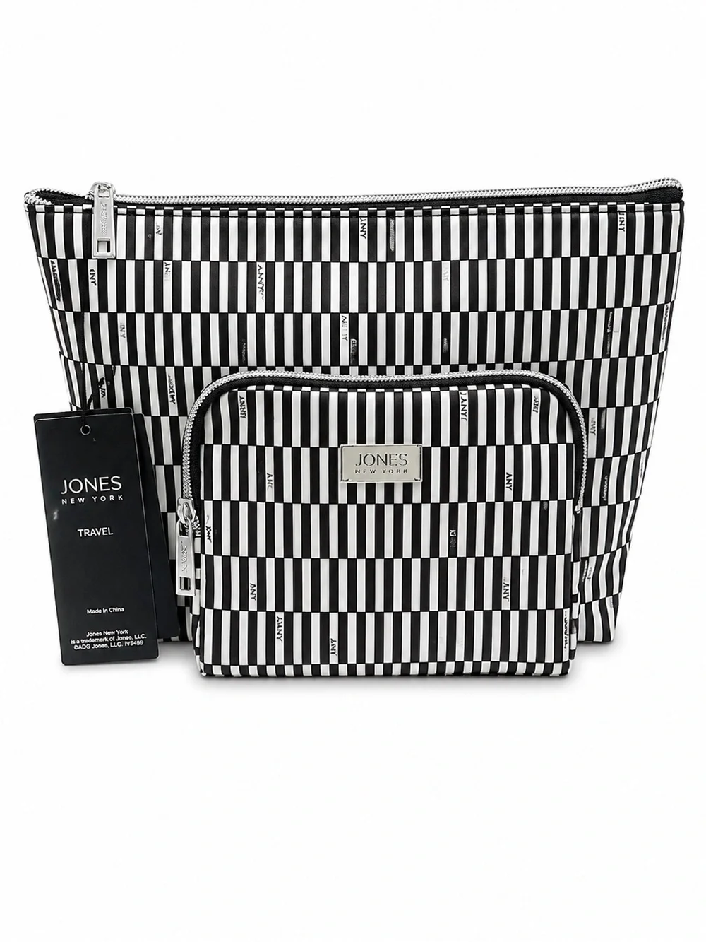 Jones New York Black and White Striped Travel Pouch + Travel Bottle